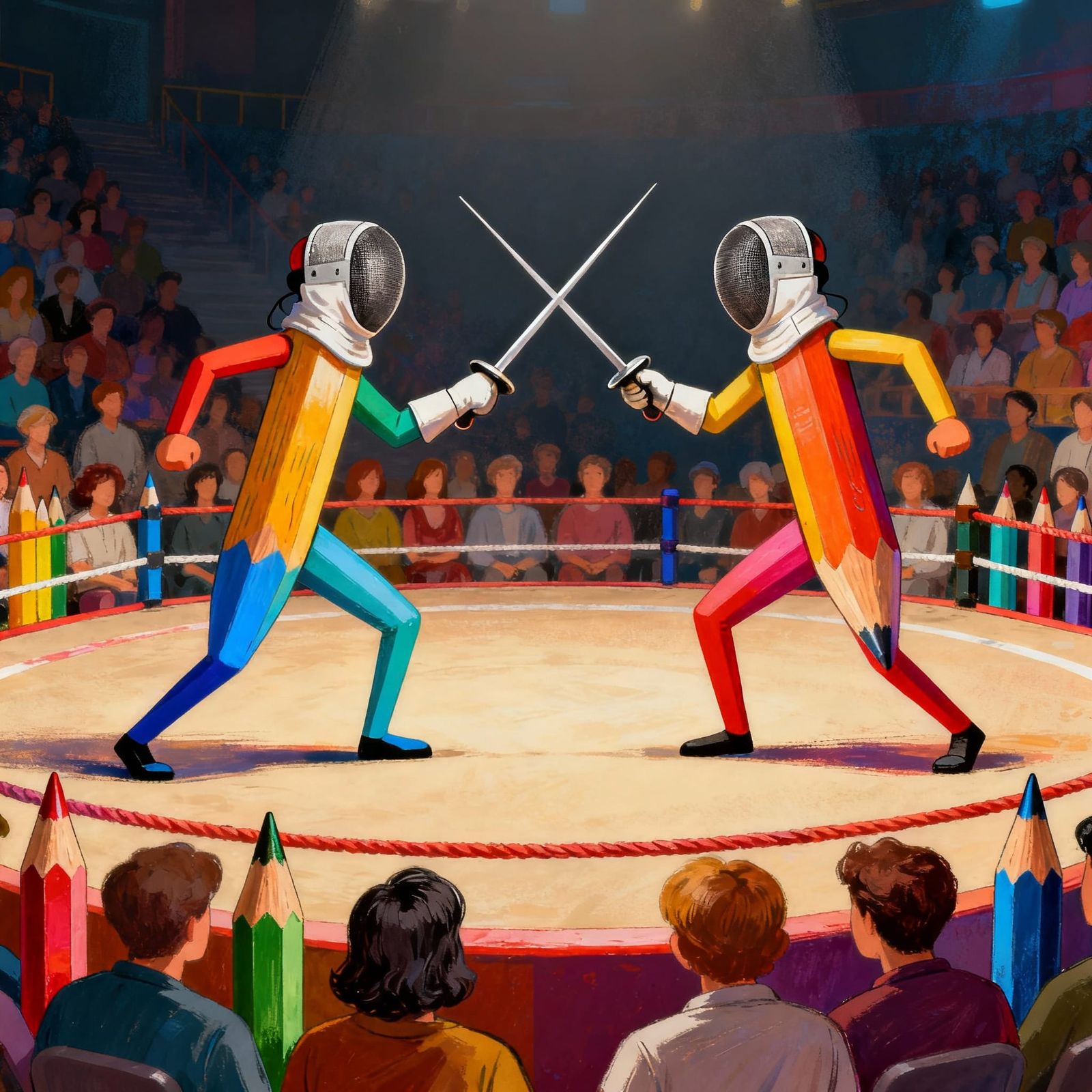 Pencil Fencers Clash in Vibrant Contest Ring