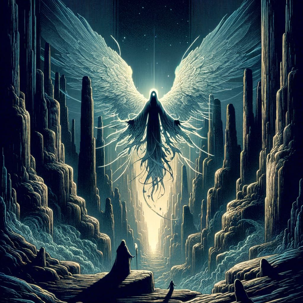 Dramatic Angel in Rocky Ravine Scene