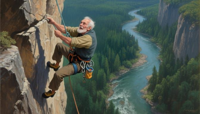 Elderly Climber on Sheer Cliff Above Forest River