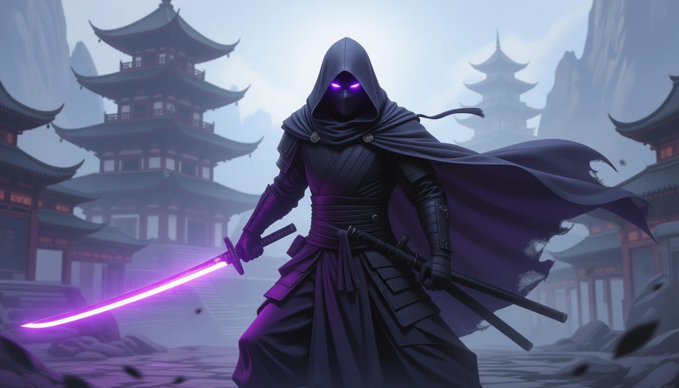 Hooded Ninja Warrior Defends Temple with Astral Katana