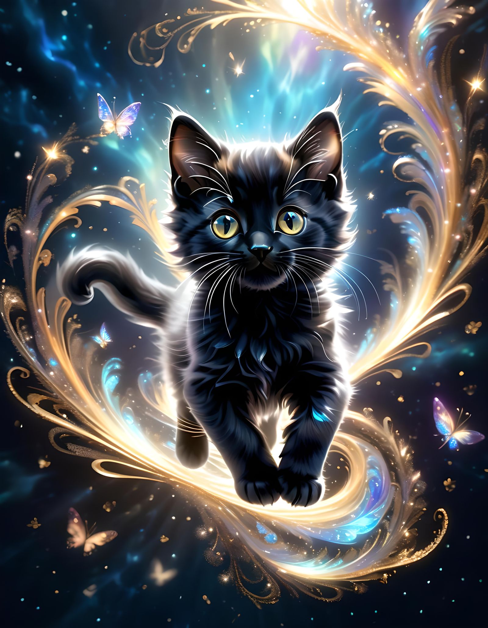 Weightless Kitten Radiating Magic in the Night