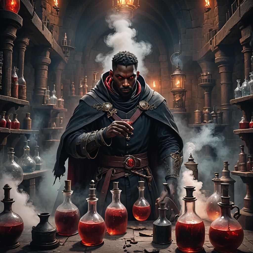 Imposing Alchemist with Red Eyes in Dungeon, Digital Art