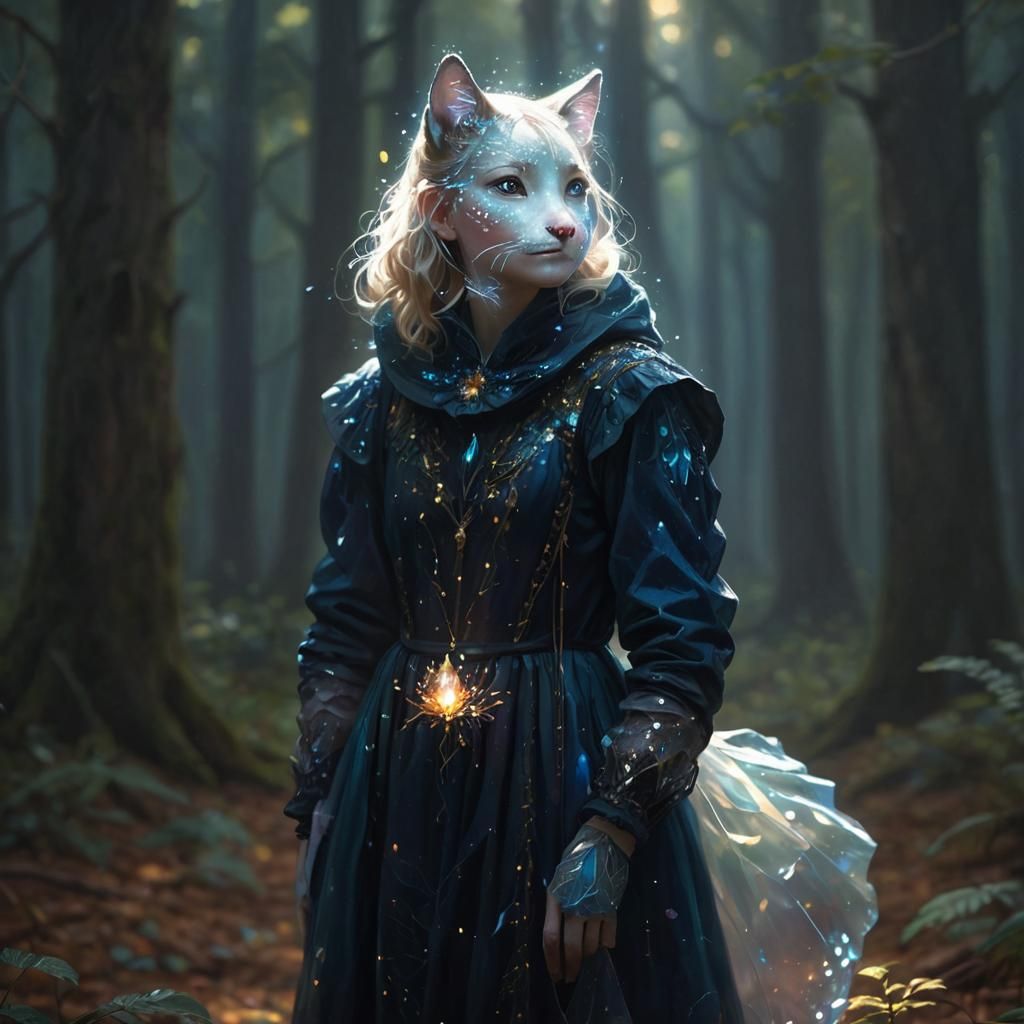 Girl with Glowing Crystal in Enchanted Forest