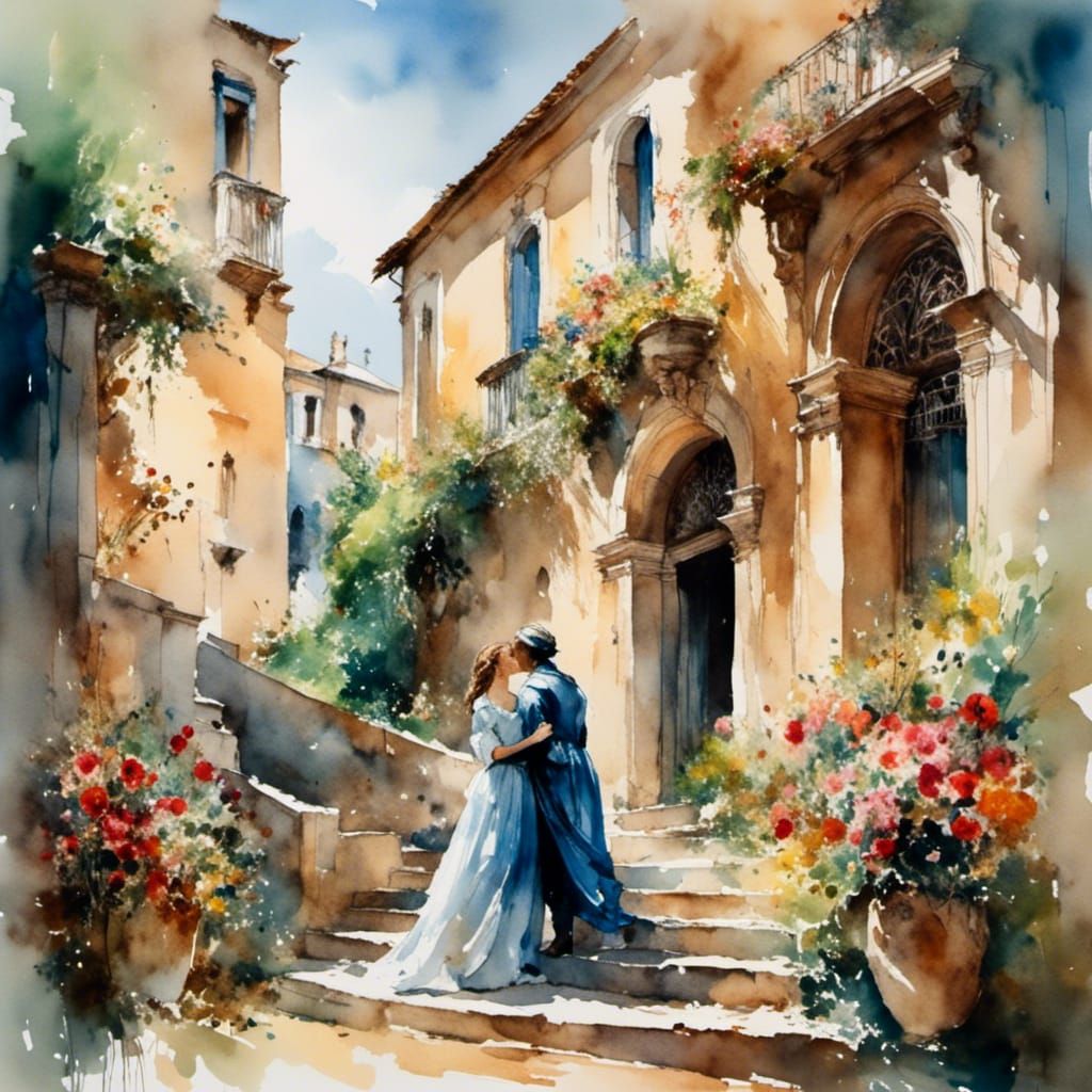 Romeo and Juliet in Lush Watercolor Gouache Style