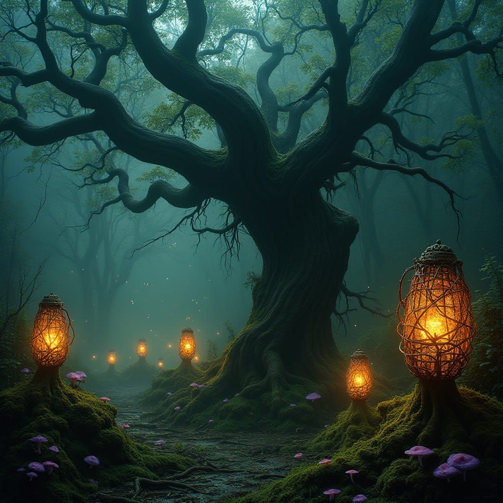 Surreal Ancient Oak Tree in a Dark Fantasy Garden