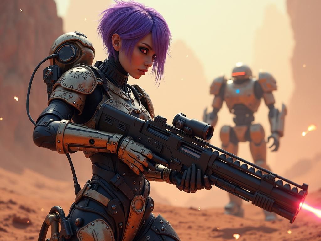 Cyberpunk Mech Warrior in Sci-Fi Battlefield