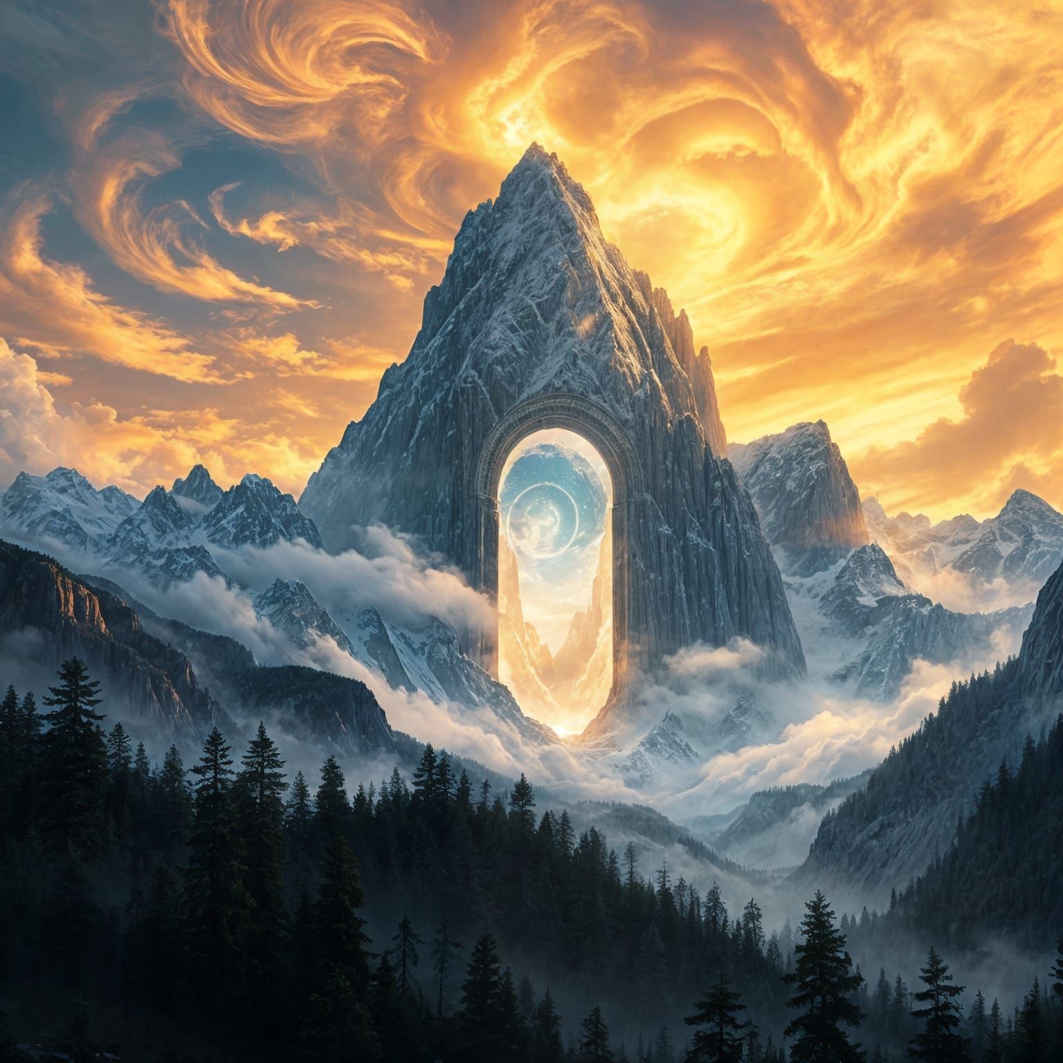 Ethereal Portal Ascends a Majestic Mountain Range