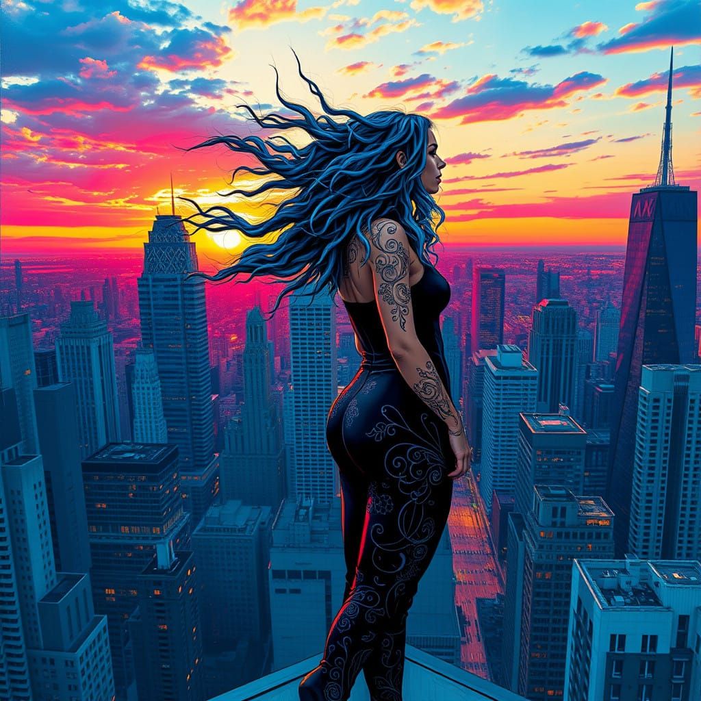 Glamorous Cyberpunk Woman on Skyscraper Rooftop at Sunset