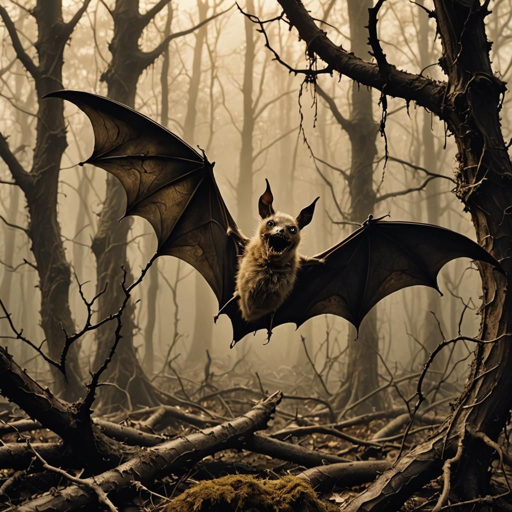 Surrealist Landscape: Dead Bat Sprouts in Forest