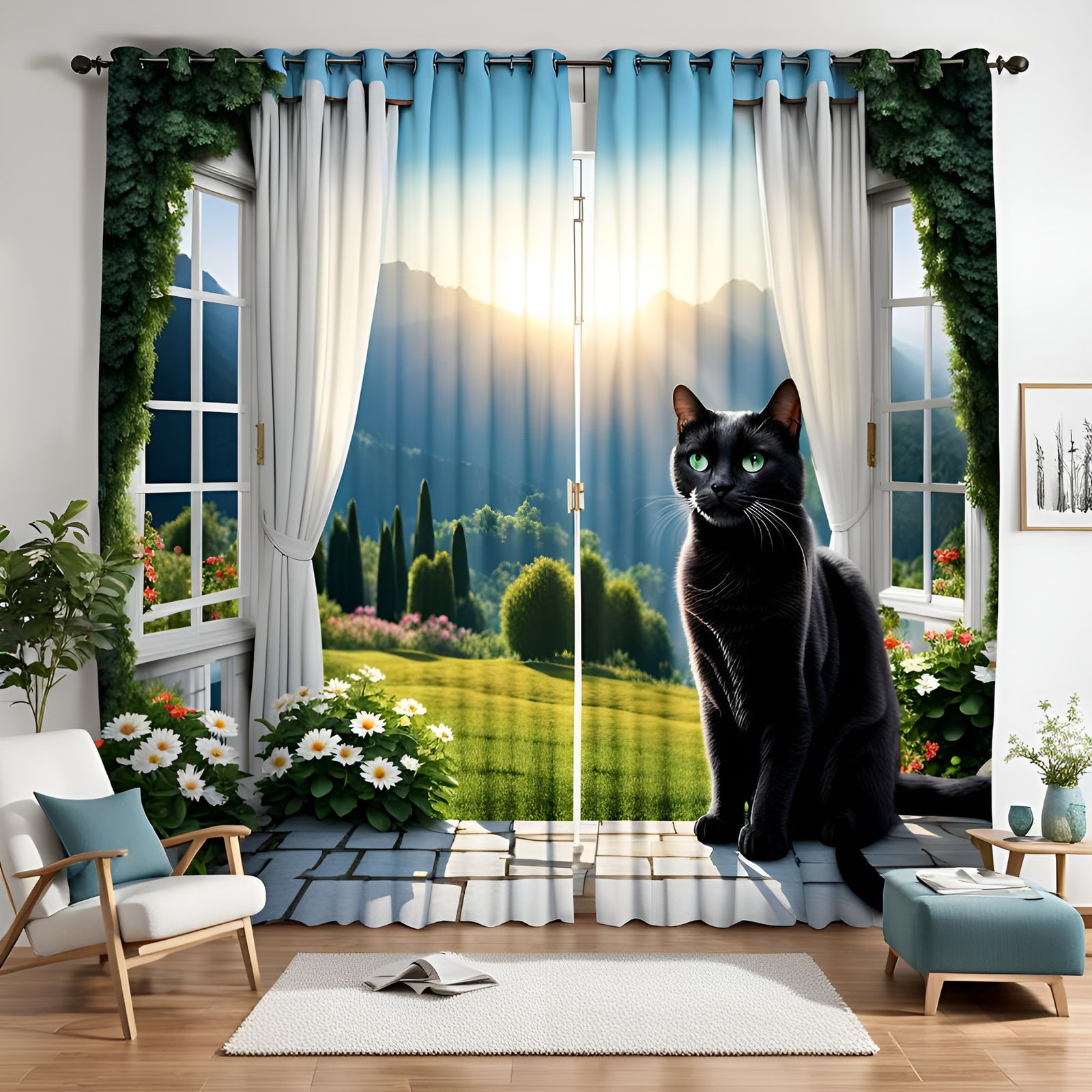 Realistic 3D Cat Print Curtain at Sunrise