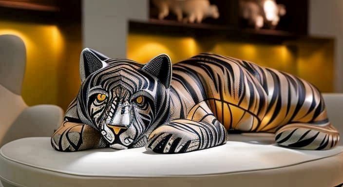Paper Tiger in Golden Birdcage: Surreal Sculpture