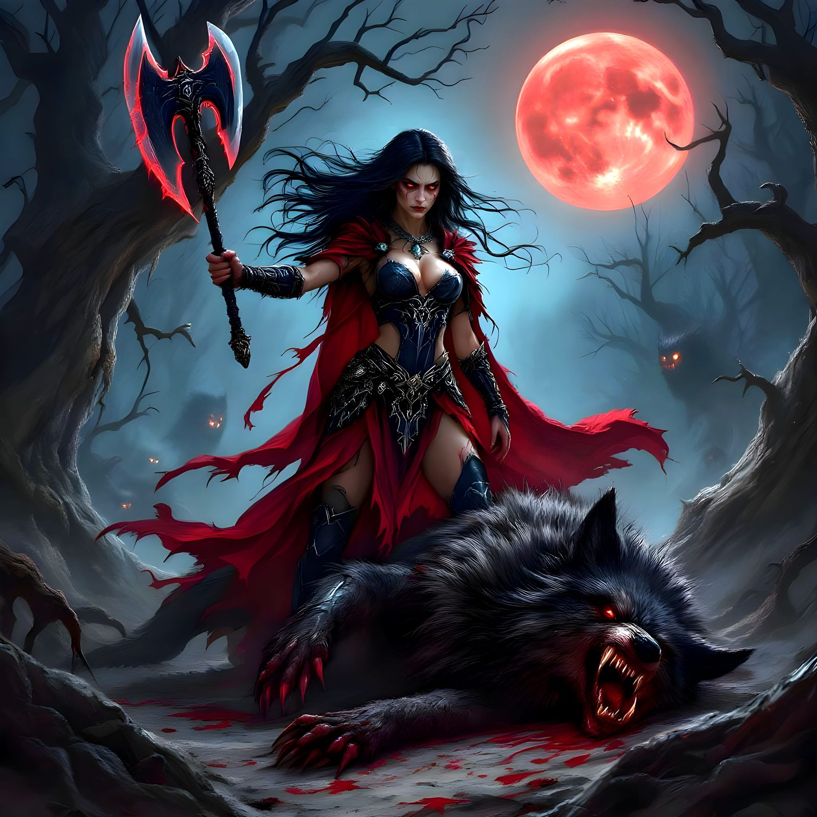 Warrior Woman's Vengeance in Crimson Moonlight