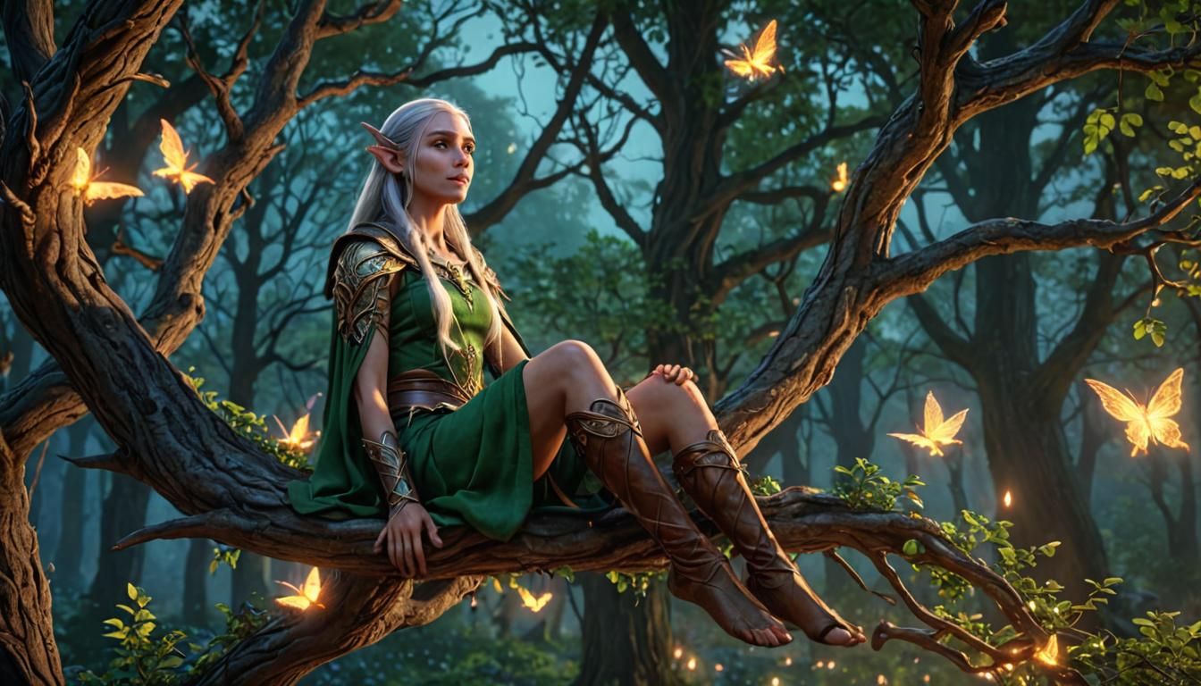 Elven Druid Watching Glowing Faeries in Forest