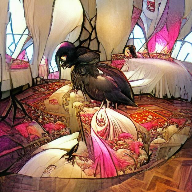Raven in Boudoir: Alphonse Mucha-Style Illustration