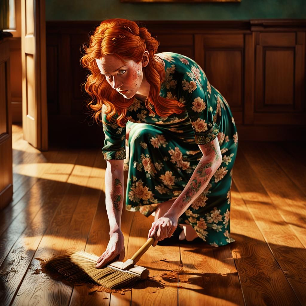 Redhead Tradwife Mopping Floor in Pre-Raphaelite Style