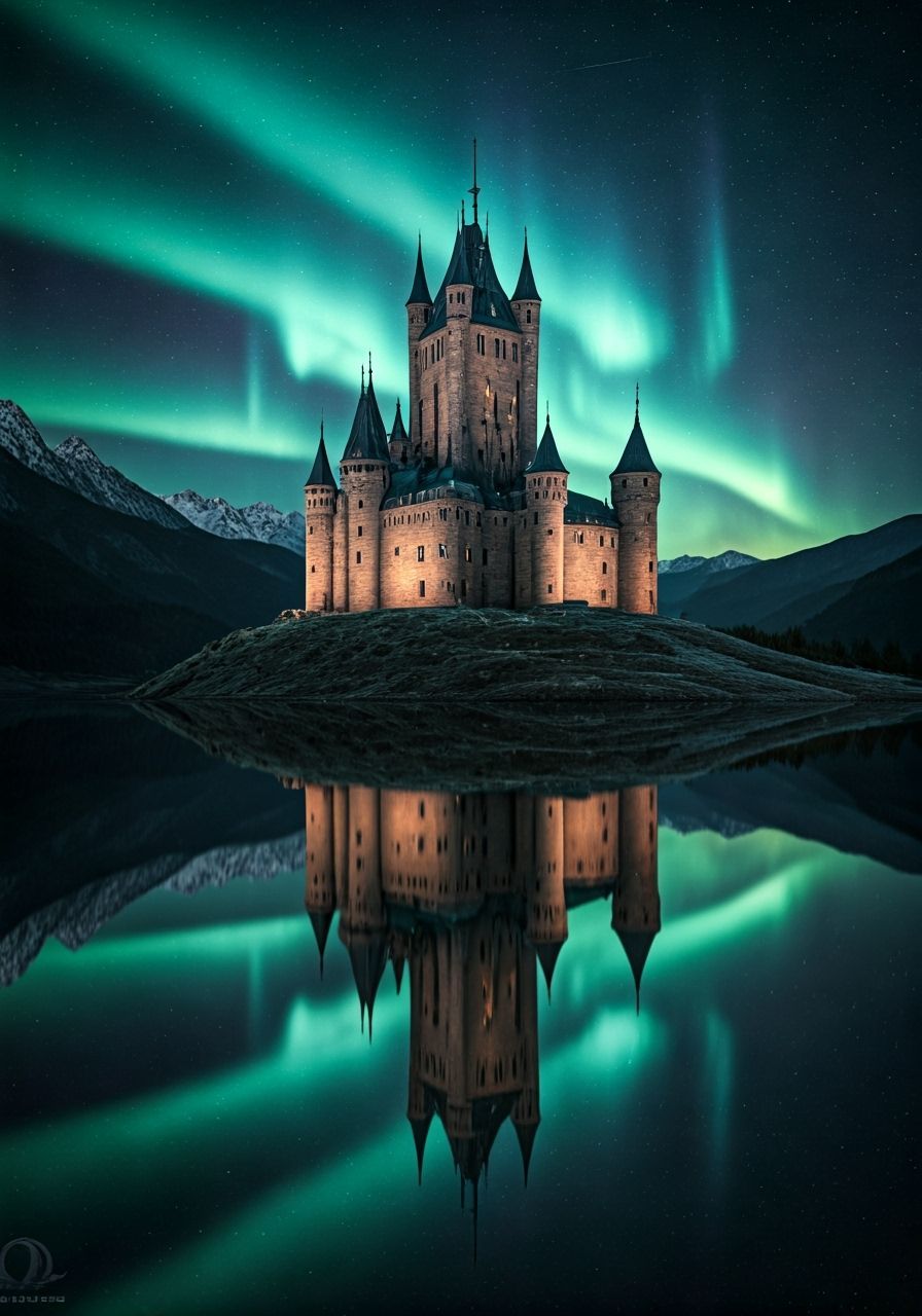 Surreal Castle Reflection on Alpine Lake with Aurora Boreali...