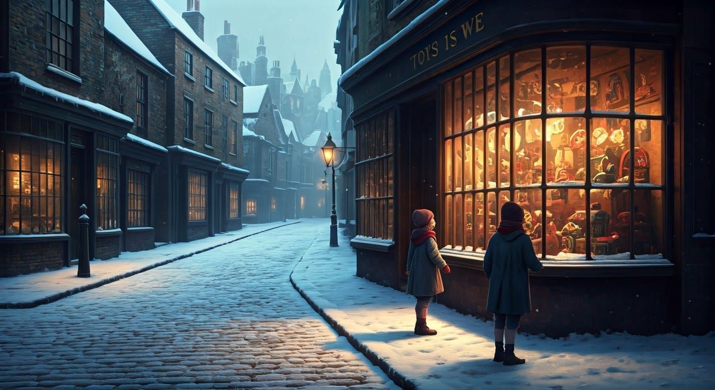 Winter, snow, 1950s England, photograph of an old cobble sto...