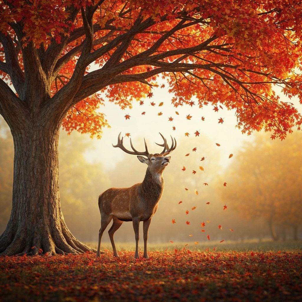 Majestic Stag Under Autumn Tree, Hyperrealistic Style