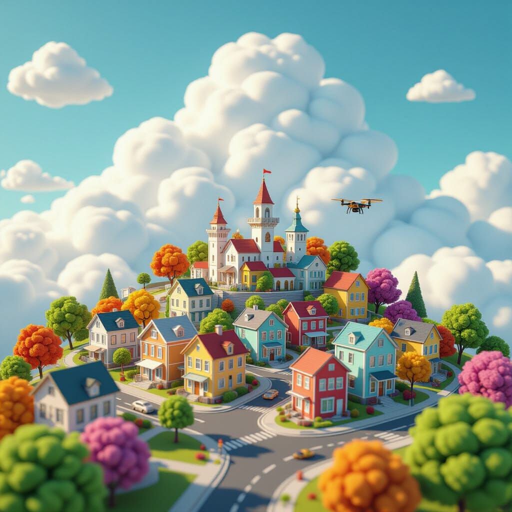 Whimsical Tiny Town Floating Over Cloud, 3D Render