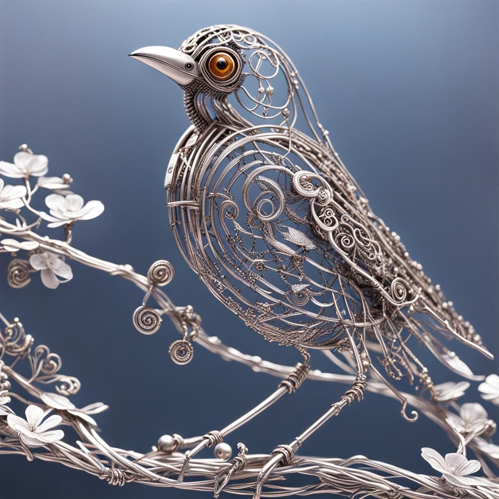 Intricate Metal Bird Sculpture with Silver Filigree