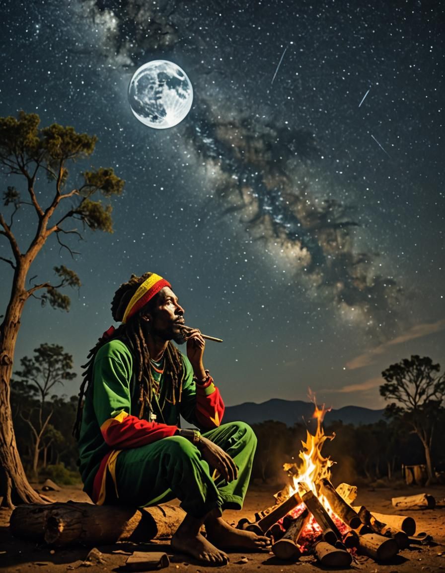 Rasta Man Contemplates Starry Night by Campfire