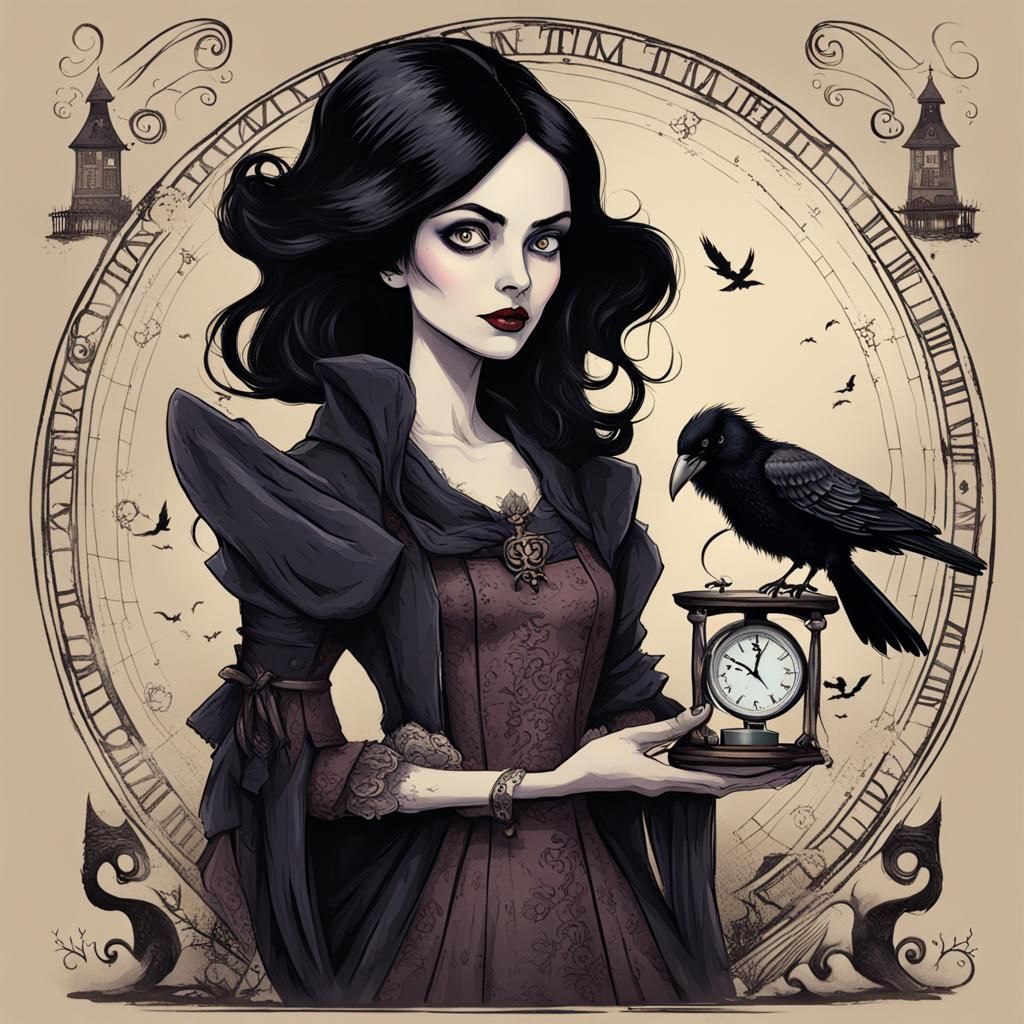 Woman Holding Raven in Tim Burton Cartoon Style