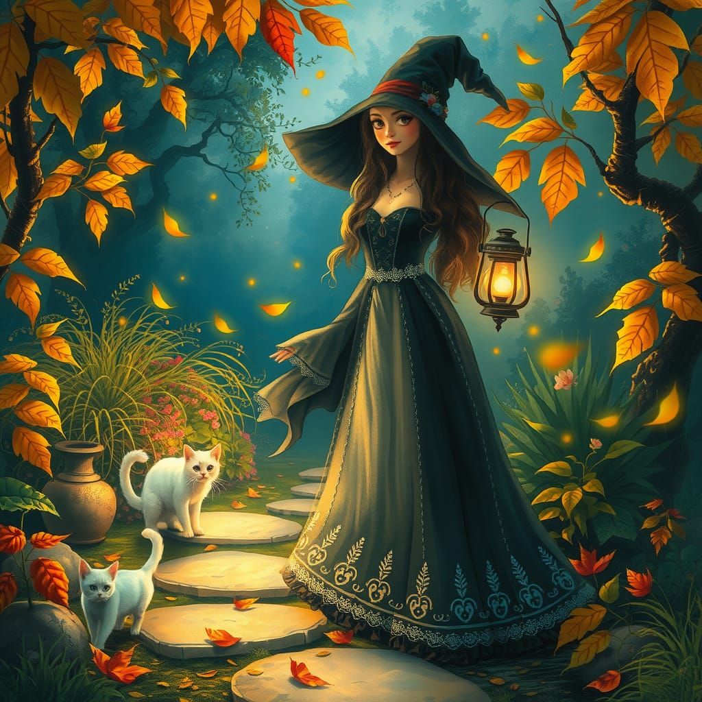Whimsical Autumn Witch Garden Scene with Lantern