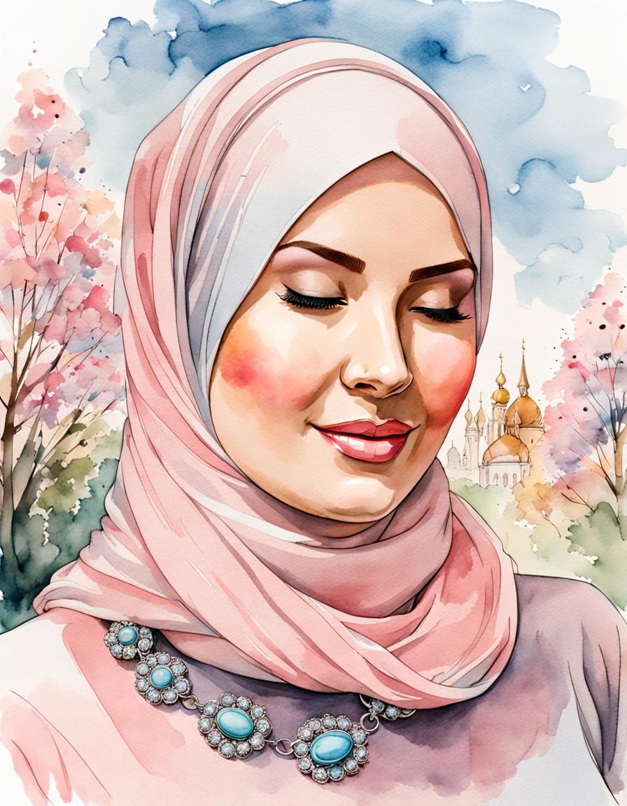 Elegant Hijabi Woman Portrait in Watercolor Style