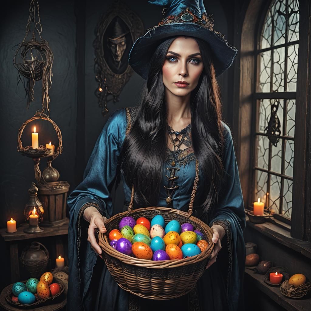 Enchanting Eastern Witch Portrait with Easter Eggs