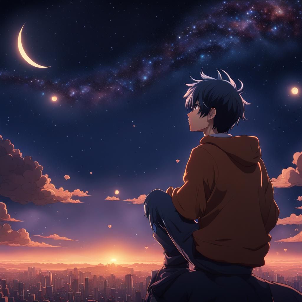 Anime Boy Contemplates Love Under Starry Sky