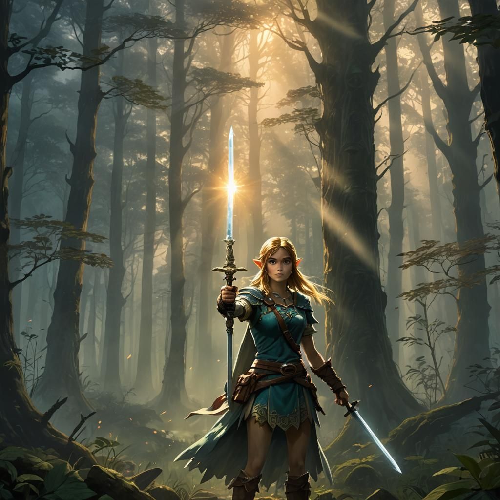 Heroine with Glowing Sword in Misty Forest