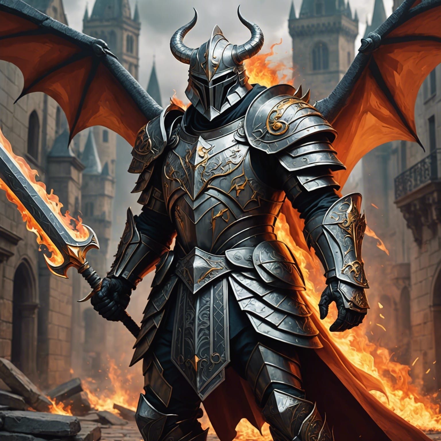 Cubist Knight Confronts Dragon in Epic Battle