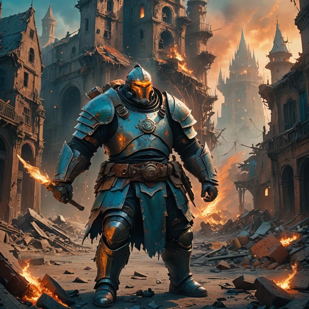 Clash of Titans in Ruined Cityscape