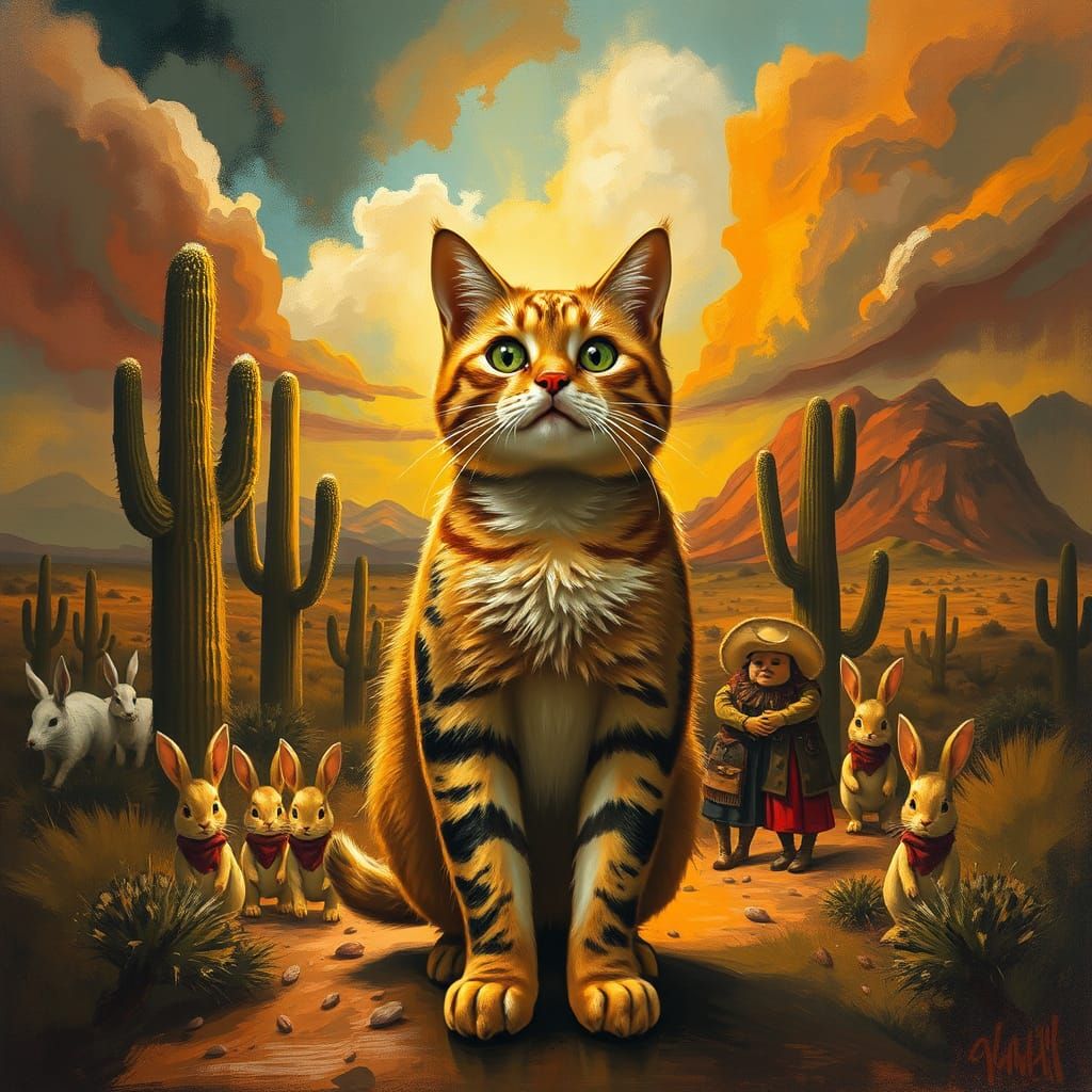 Heroic Cat in Wild West Landscape