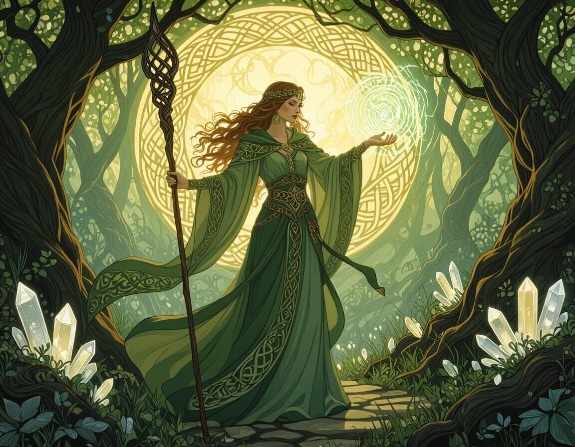 Celtic Sorceress Casting Spell in Alphonse Mucha Style