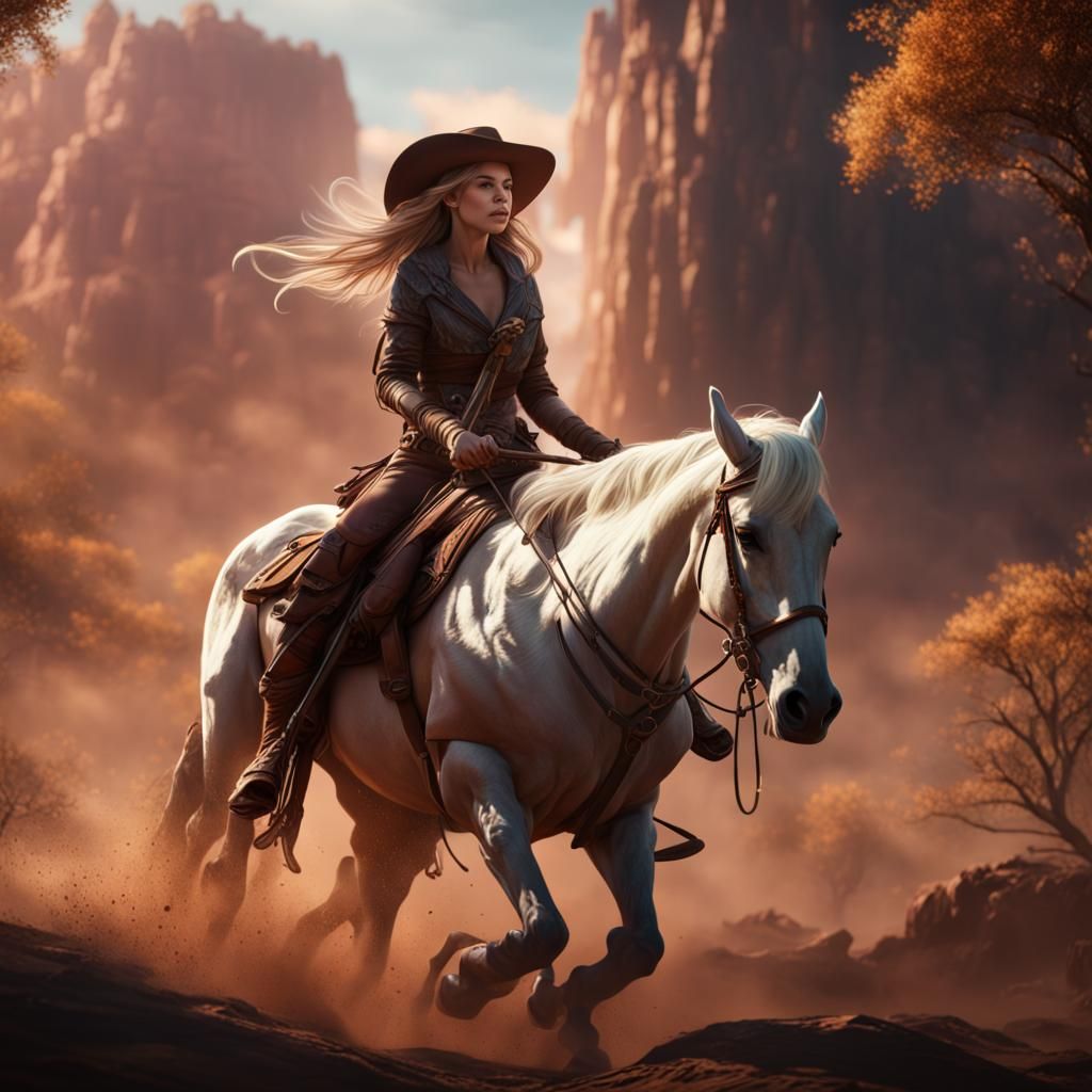 Cowgirl Rides Into Distance: Detailed Matte Painting