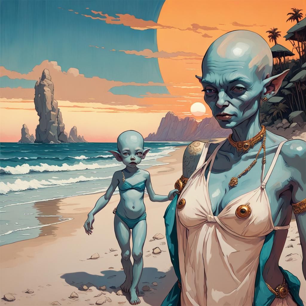 Goblin Mother and Daughter on Beach, Art Nouveau Style