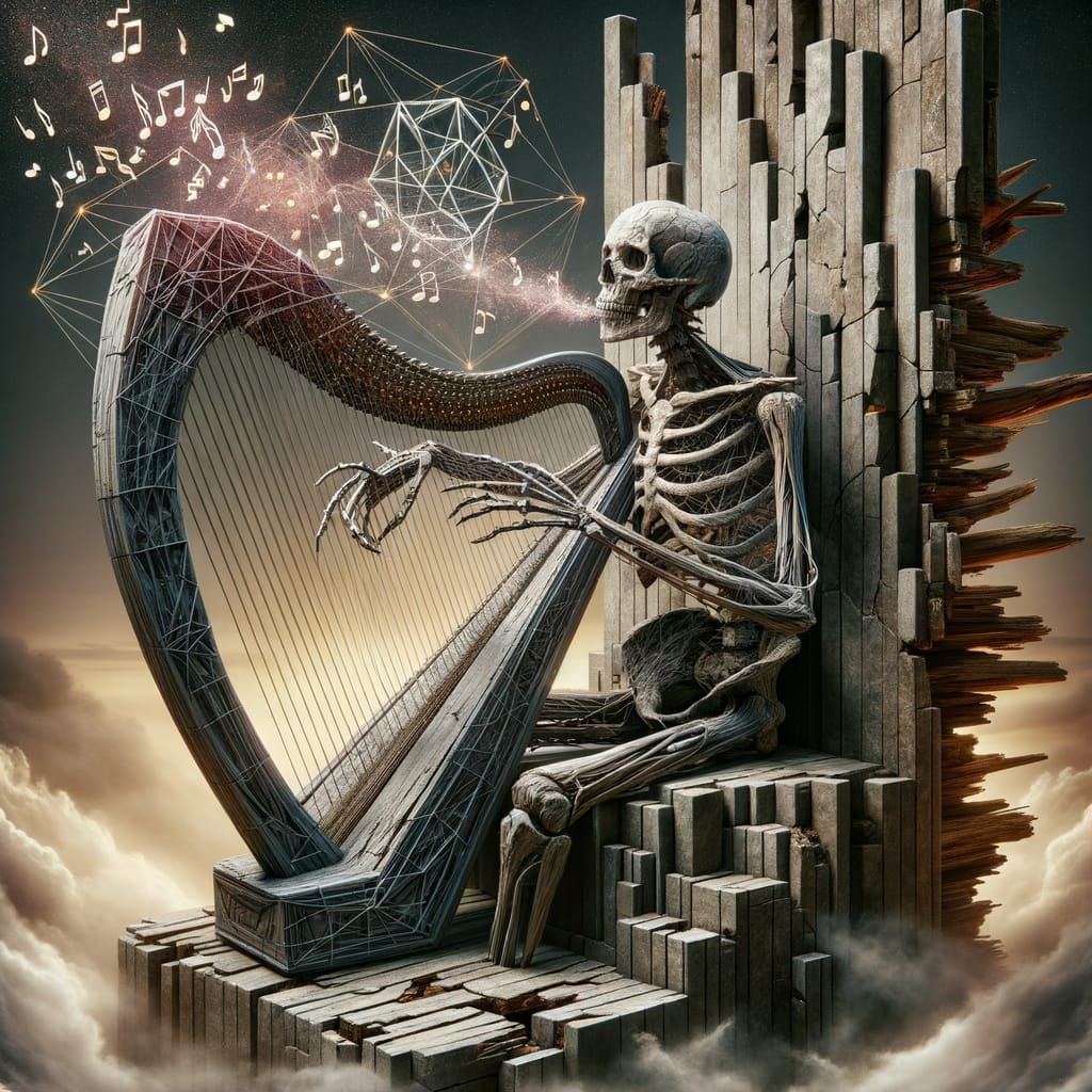 Skeletal Figure Plays Harp on Broken Tower