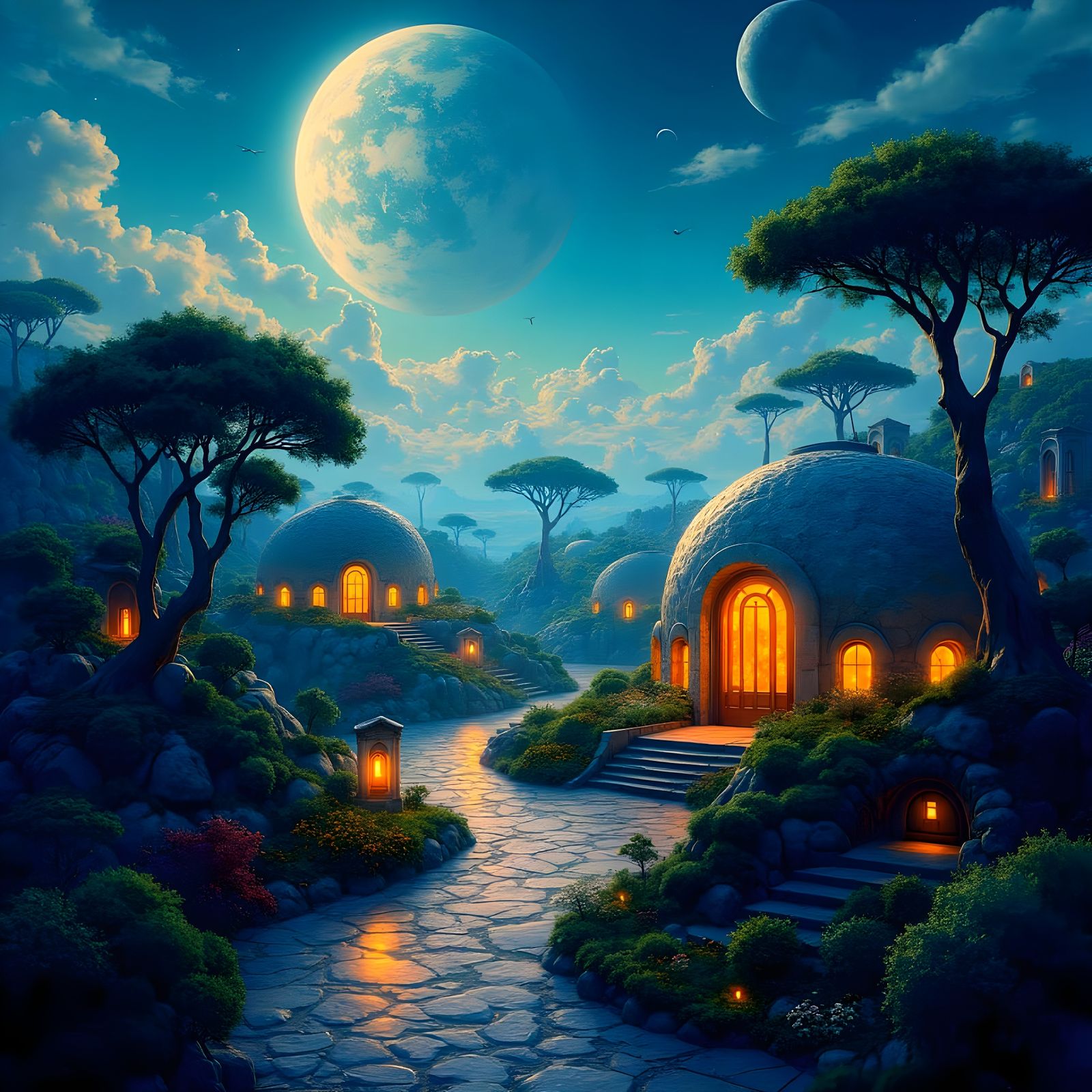 Ethereal Lunar Cityscape in Oil Painting Style