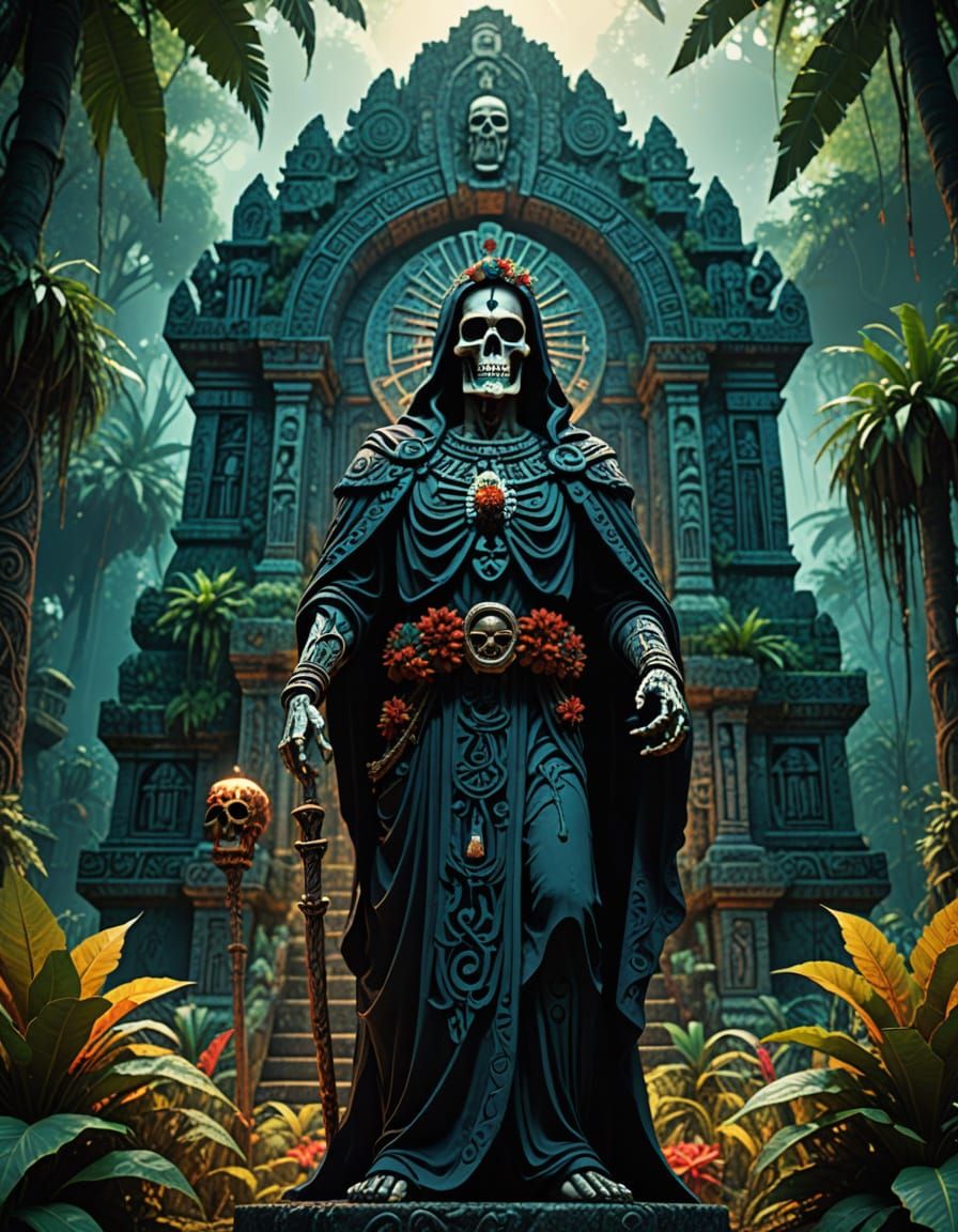 Santa Muerte Goddess Amidst Mayan Temple in Vibrant Jungle S...