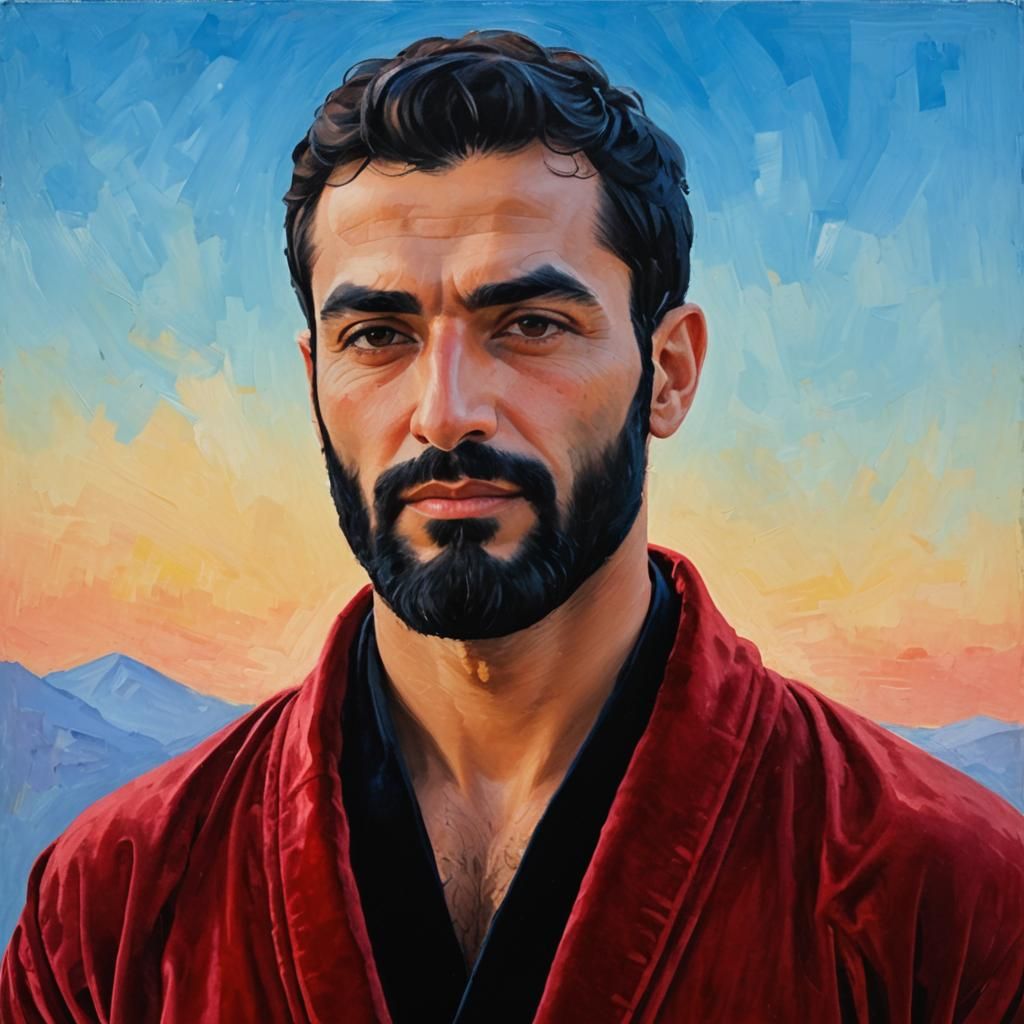 Impressionist Portrait of Man in Red Velvet Bathrobe