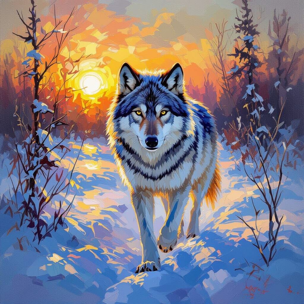 Arctic Wolf in Impressionist Oil Painting Style at Sunrise