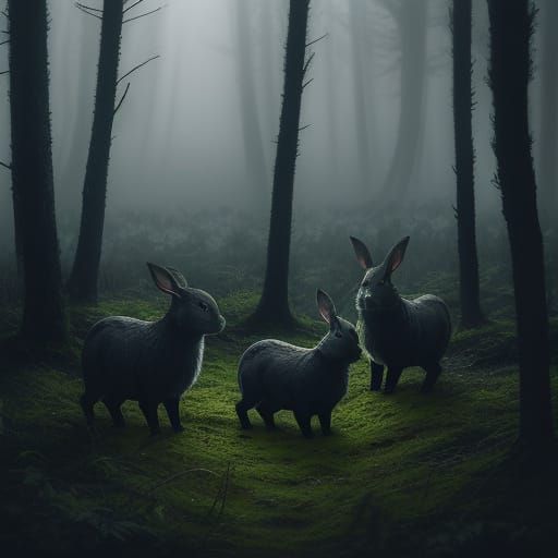 Rabbits in Misty Forest Clearing: Hyperrealistic Cinematic S...