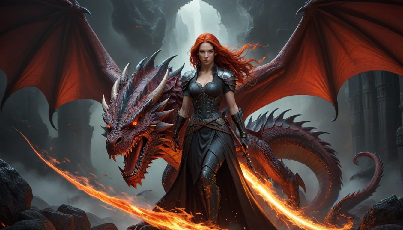 Majestic Red Haired Warrior Leads Fiery Dragon in a Dramatic...