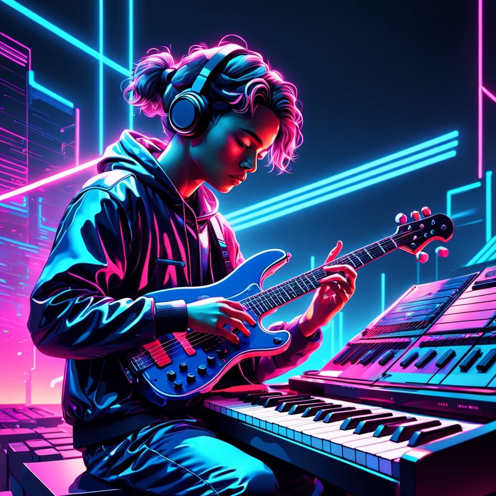 Futuristic Musician in Neon Synthwave Style