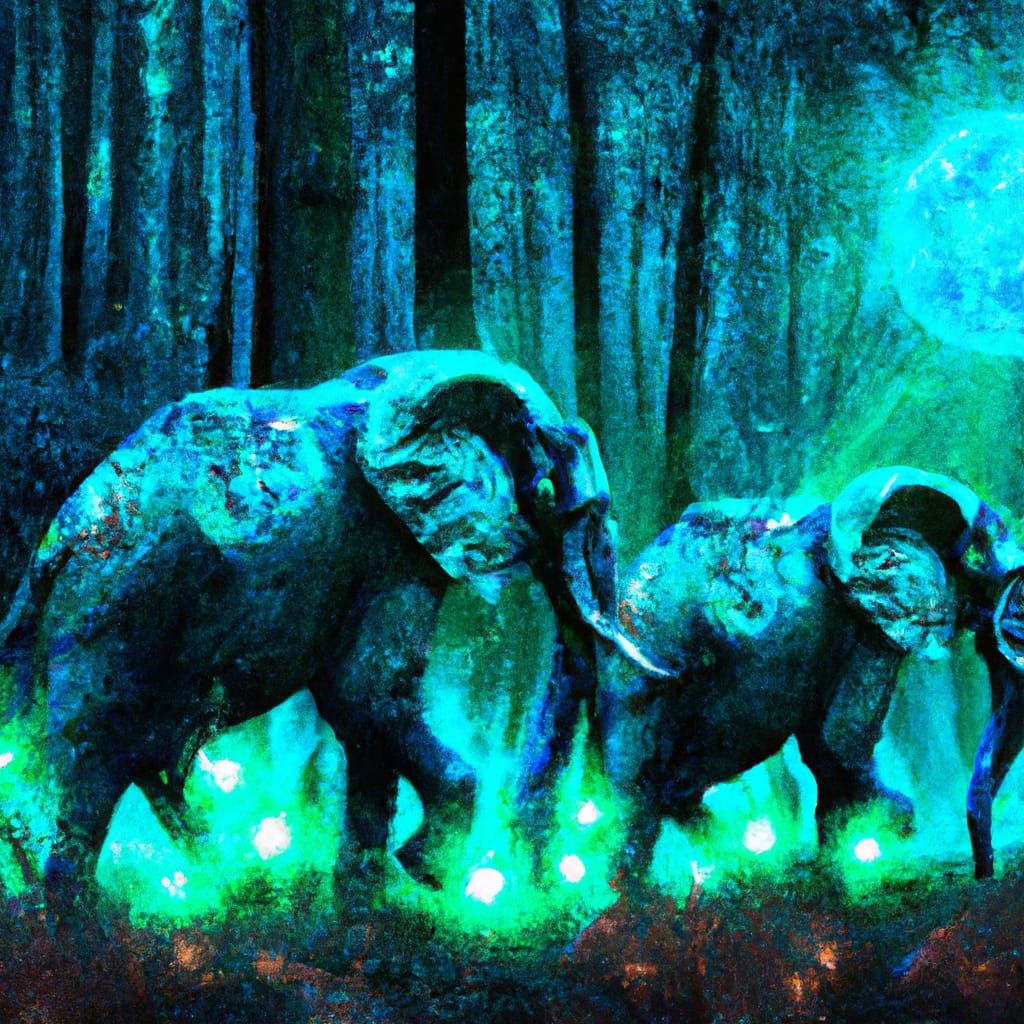 Glowing Elephants in Moonlit Forest: Holographic Illustratio...