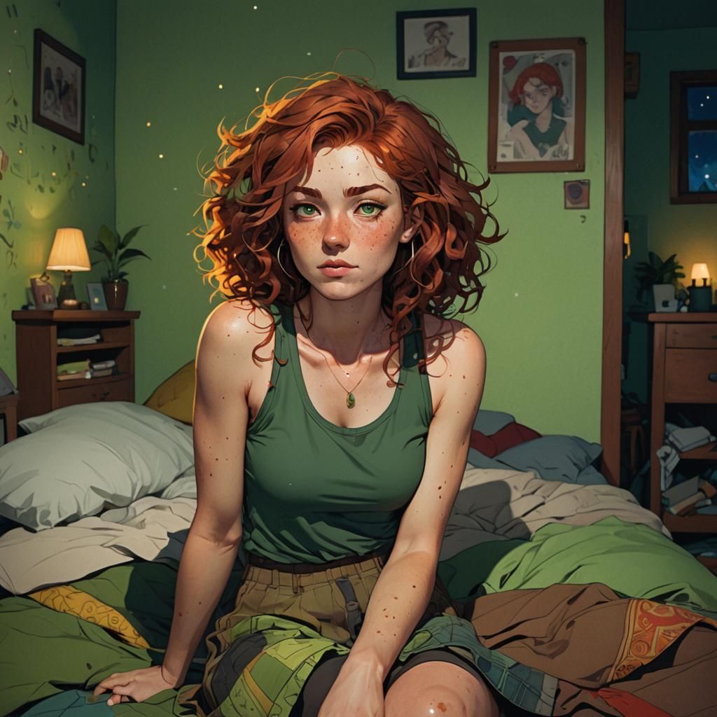 Red-Haired Woman in Bedroom, Webcomic Portrait