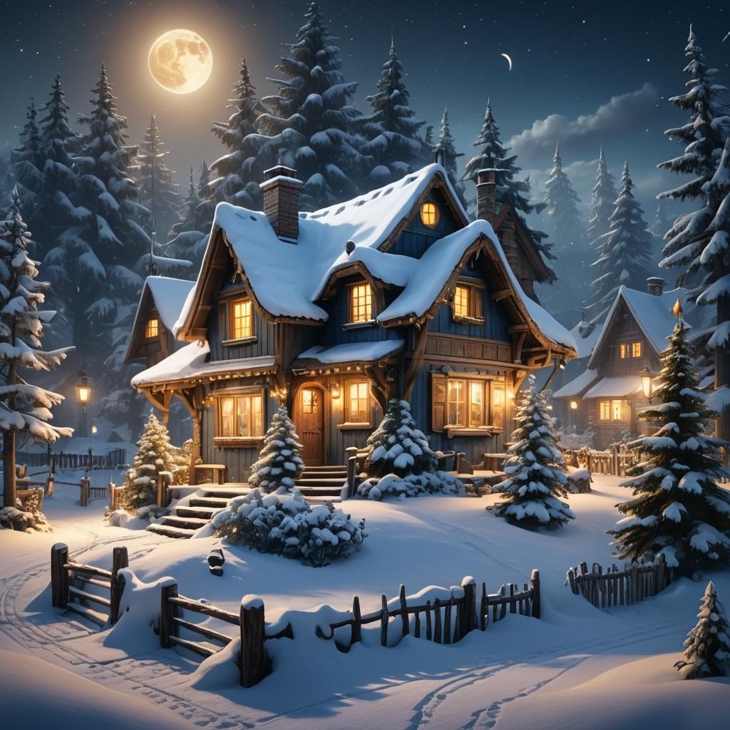 Snowy Cottage Fantasy Art with Christmas Tree