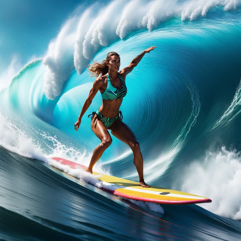 Girl Surfing a Big Wave in Detailed Digital Art