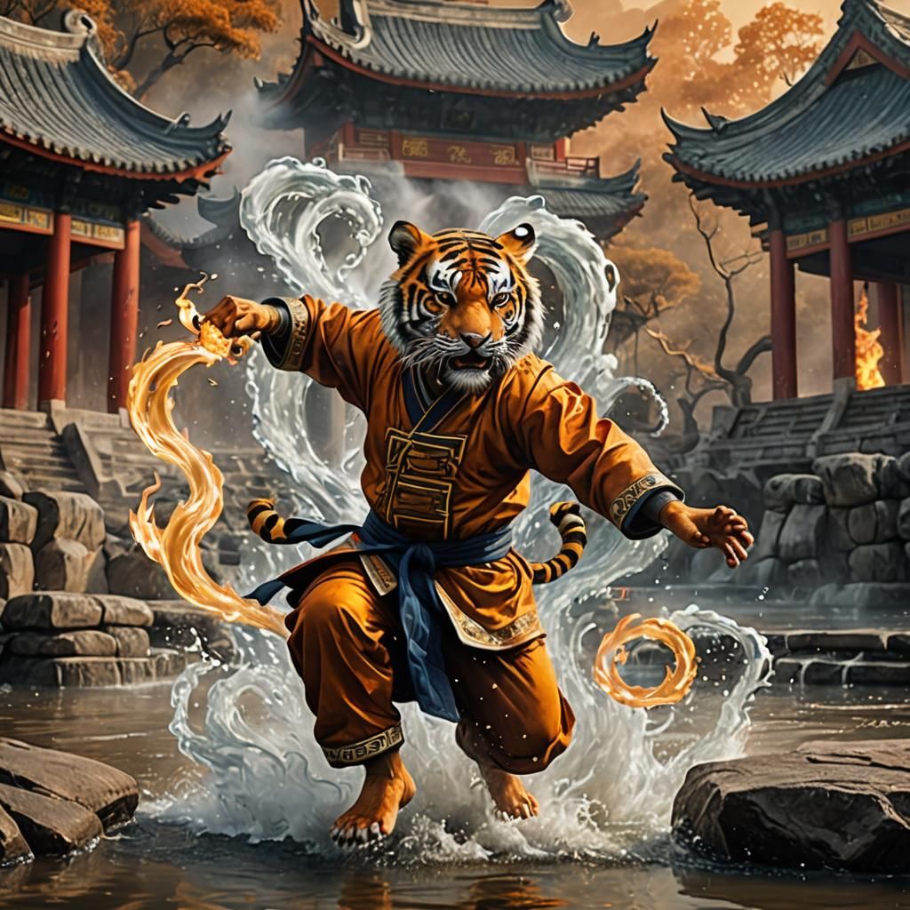 Tiger practicing martial arts with the four elements